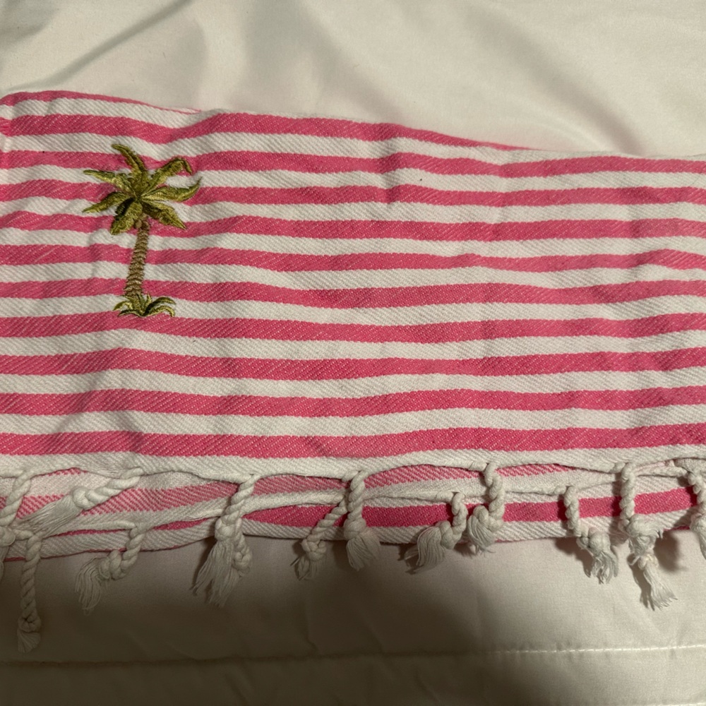 Pink and White Striped Towel with Palm Tree Embroidery
